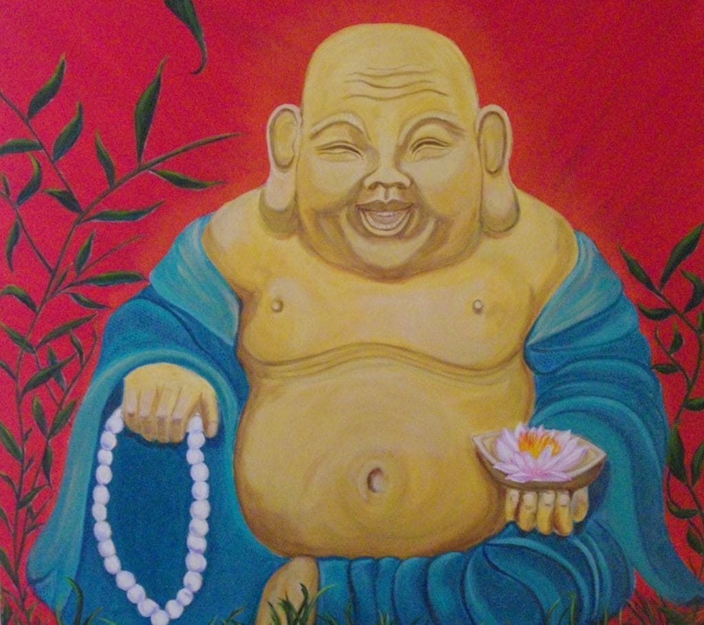 Dikke Buddha Acryl op doek 100x100cm