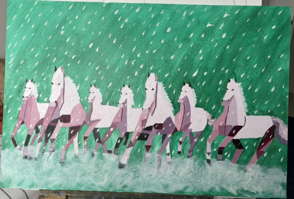 7 Purple Horses in a Green snowy Sky
